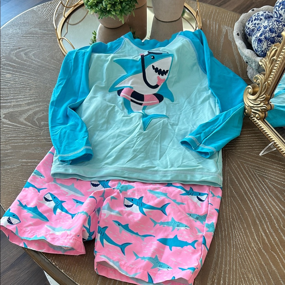 Gymboree and Boys Shark Print Swim Trunk Shorts & Rash Guard Shirt Set